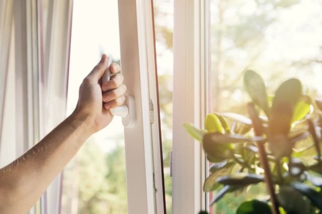 person opening window on sunny day